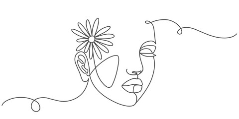 Women’s day line art style vector illustration. Line art vector illustration of beauty woman. Line art vector illustration of woman face potrait with flower