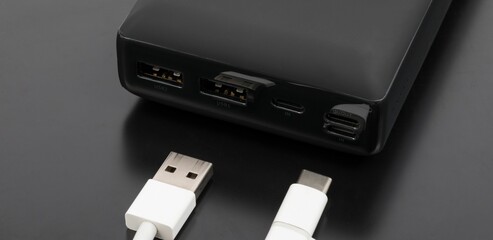 Closeup of a power bank with USB ports
