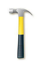 Hammer with a rubberized yellow handle. Hammer and nail puller, two in one. Vector industrial workers tool. Equipment for repair, contract and locksmith work. Vector