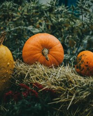 Bunch of various shaped pumpkins on hay bales - autumn setting