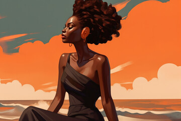 Abstract illustration of an african american woman at the beat. Artwork in different styles celebrating empowered women.