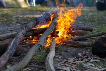 Camp fire with bright orange flames, close-up