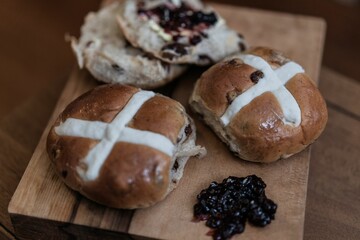 Closeup of hot cross buns for Easter.