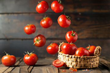 Fototapeta na wymiar tomatoes red flying, fresh and healthy, flying over a basket, on a wooden table, made with AI generative tools