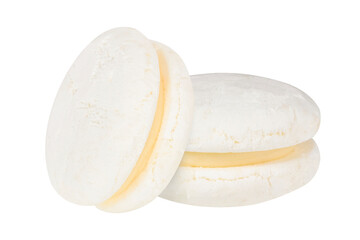 Isolated white macarons collection. Vanilla or coconut macaroon