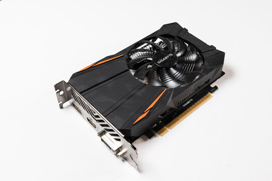 Gothenburg, Sweden - March 04 2023: Gigabyte Nvidia GTX 1050 Yi 4GB graphics crd GPU on white background.