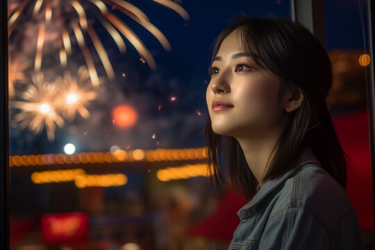花火を楽しむ女性のイメージ：AI生成画像