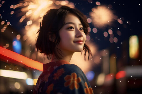 花火を楽しむ女性のイメージ：AI生成画像