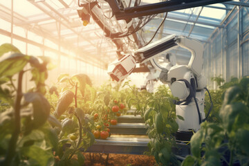 Robotic arm working in the smart farming tomato plantation with Ai Generated 