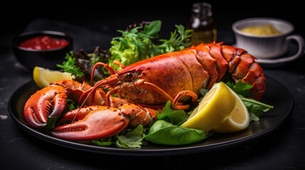 Lobster with lemon and herbs on rustic wooden background. Generative AI