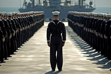 commander reviewing military navy troops in formation. generative ai - 607042795