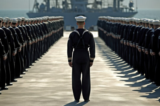 commander reviewing military navy troops in formation. generative ai