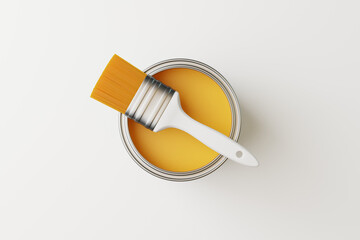 An open can of paint and a brush on a white background. Top view. Repair concept. 3d rendering illustration © Andrii