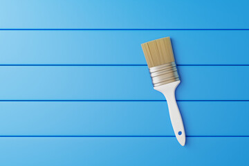 Paint brush on a blue background in the form of boards. View from above. Repair concept. 3d render illustration