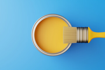 An open can of paint and a brush on a blue background. Top view. Repair concept. 3d rendering illustration © Andrii