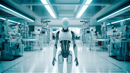 a freshly built human looking robot stands in a workshop where robots are built, generative AI
