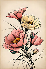 Spring flowers drawing. AI generated illustration