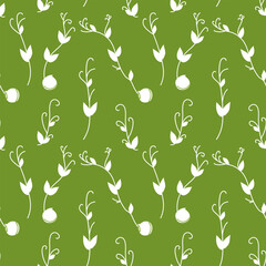 Seamless pattern of pea sprouts on a green background. Vector illustration for decoration, postcards, print, fabric