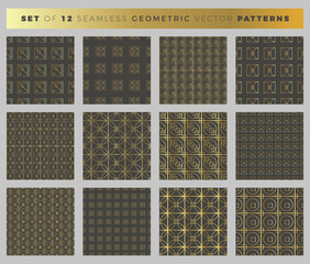 Set of 12 geometric seamless patterns. Collection of vector gray and gold patterns for textiles, wallpaper, wrapping paper, packaging.