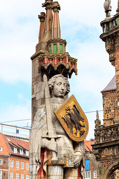Bremen, Germany. Bremen Roland. 15th century statue with coat of arms of Bremen
