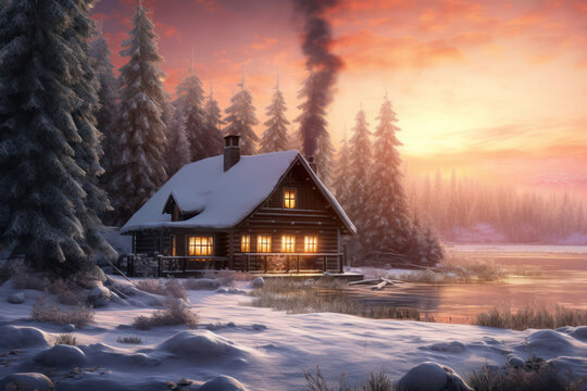 house on the lake in snow mountain and pine forest at twilight sunrise with Ai Generated.
