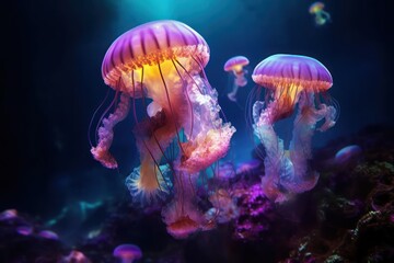 Fototapeta na wymiar Colorful jellyfish in the aquarium with Ai Generated.