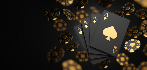 Fototapeta Casino game poker card playing gambling chips black and gold style banner backdrop background Concept. 3d rendering. obraz