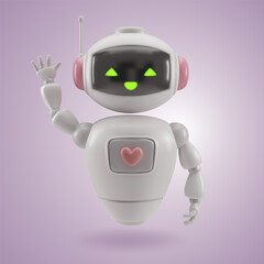 3D vector chat bot. Cute robot with a heart on his chest waving his hand. The symbol is artificial intelligence, digital brain, neural networks, robotics, AI technologies. 3D vector illustration.