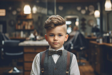 Child haircut salon. Portrait of happy child with beautiful haircut. Close-up. Generative Ai content - obrazy, fototapety, plakaty