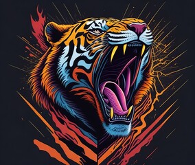 Artwork for t-shirt graphic of a powerful and fierce tiger in mid-roar. Generative AI.