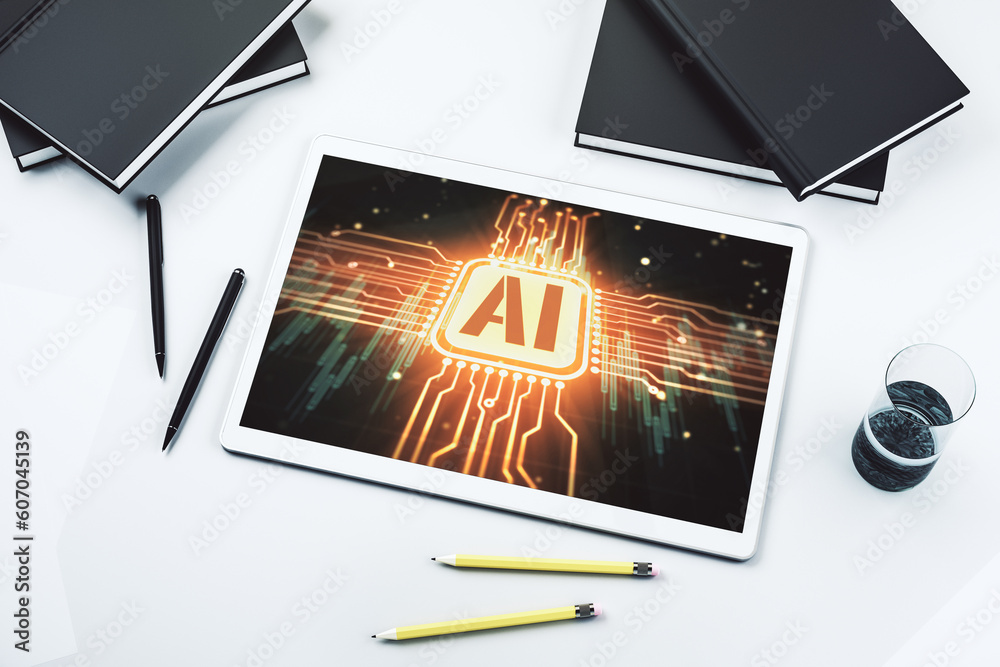 Leinwandbilder creative artificial intelligence symbol concept on modern digital tablet screen. top view. 3d render