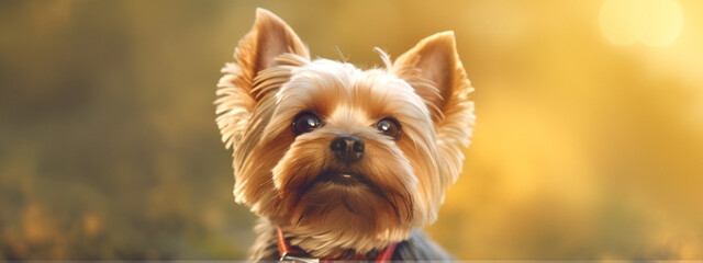  Portrait of cute yorkshire terrier, dog grooming promotion banner. Close-up. Generative AI content
