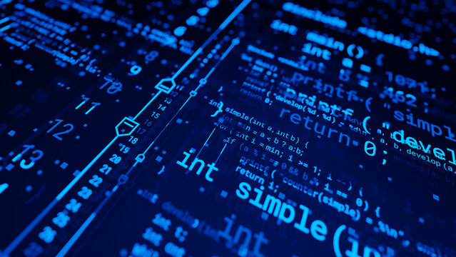 Coding programming developing typing script source languages symbols  project data software engineering IT technology computer abstract screen background. 3d rendering.