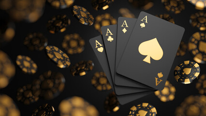 Casino game poker card playing gambling chips black and gold style banner backdrop background Concept. 3d rendering.