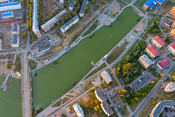 Votkinsk, Russia. City pond. Panorama of the city. Sunset time. aerial view