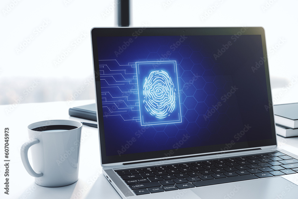 Poster abstract creative fingerprint illustration on modern laptop monitor, digital access concept. 3d rend