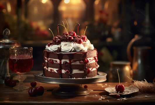 Stunning Black Forest layered cake showcased on a cake stand, featuring moist chocolate cake layers, luscious cherry filling, and fluffy whipped cream. Generative AI