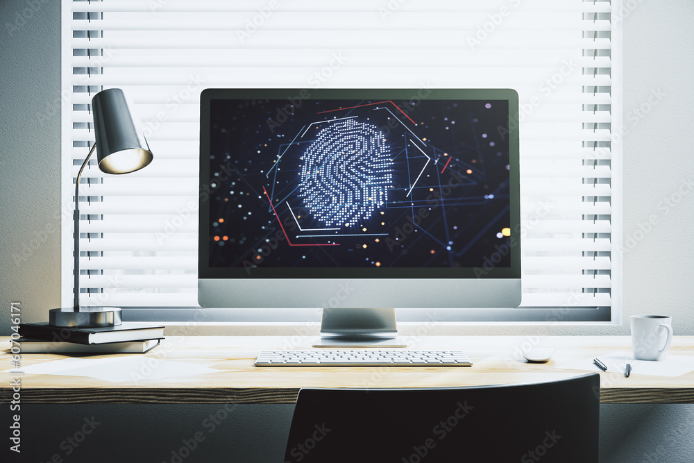 Poster abstract creative fingerprint concept on modern laptop screen. 3d rendering