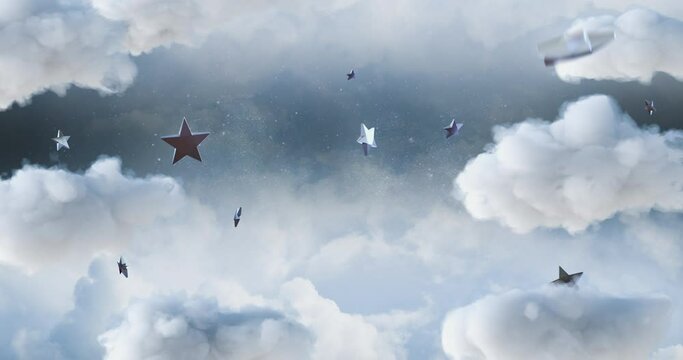 Looped animation. Magical cloudy sky with rotating silver stars