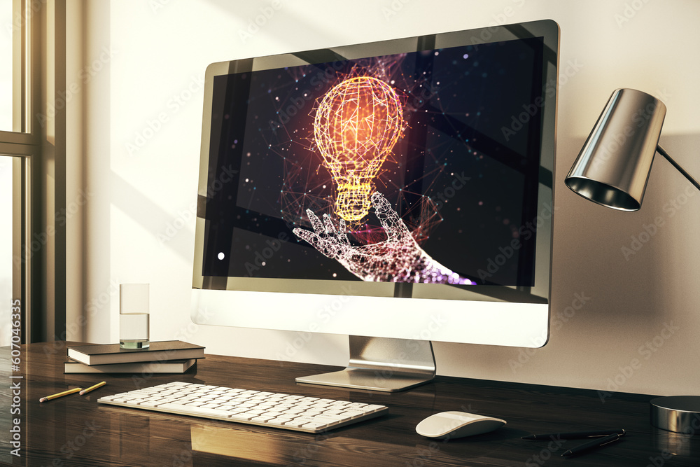 Poster Creative idea concept with light bulb illustration on modern laptop screen. 3D Rendering