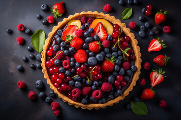 Festive Fruit Tart with Fresh Berries, Flat Lay Shot, created with Generative AI - obrazy, fototapety, plakaty
