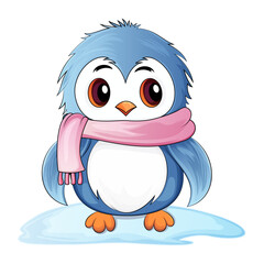 A cartoon penguin with a pink scarf on its neck is standing on an ice cube. Penguin Cartoon vector illustration.