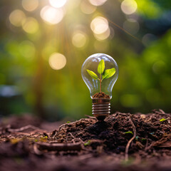 lightbulb with a tree in the nature with sunlight on soil. concept save world, the environment and saving energy power - obrazy, fototapety, plakaty
