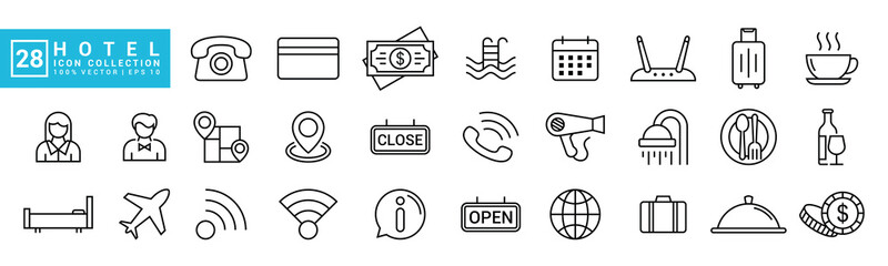 Fototapeta premium Collection vector of hotel icons, lodging houses, facilities, hotel services, travel, editable and resizable vector icons EPS 10.