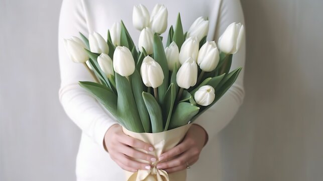 Female hold beautiful minimalism bouquet white tulips, closeup. Generative AI