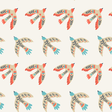 Vector seamless pattern with  birds in folklore style on beige background. Doves of peace. Doodle illustrations with stylized decorative floral elements. For textiles, clothing, bed linen.