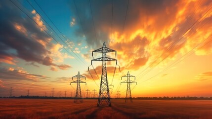 Obraz na płótnie Canvas high voltage power line at sunset. Generative AI 