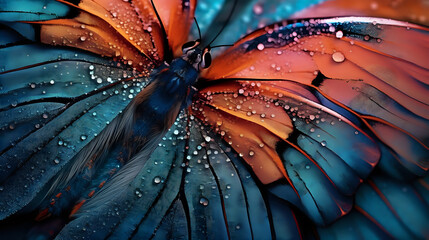 blue water drops on a leaf, Microphotography Butterfly wings beautiful,  AI generated	