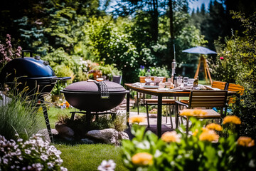 Barbecue en famille ou entre amis, dans le jardin en été - Générative IA - obrazy, fototapety, plakaty