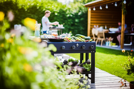 Barbecue en famille ou entre amis, dans le jardin en &eacute;t&eacute; - G&eacute;n&eacute;rative IA
